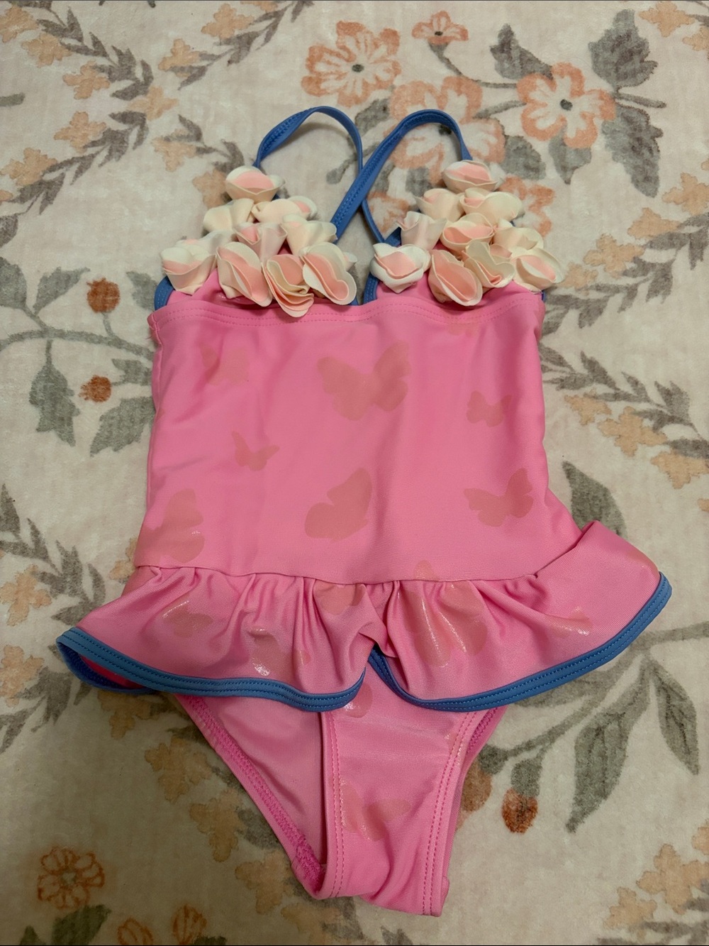 Girls' Pink Butterfly Ruffle One-Piece Swimsuit with Flower Trim